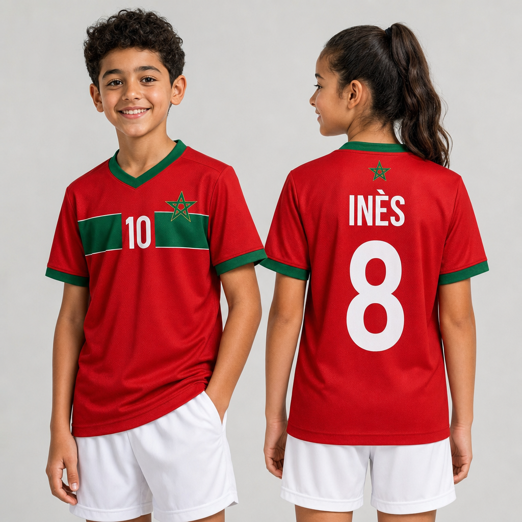 Maillot Maroc Personnalisé Enfant – Nom & Numéro au Choix