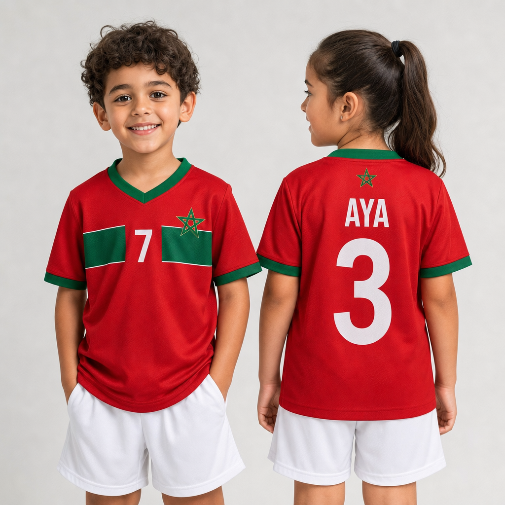 Maillot Maroc Personnalisé Enfant – Nom & Numéro au Choix